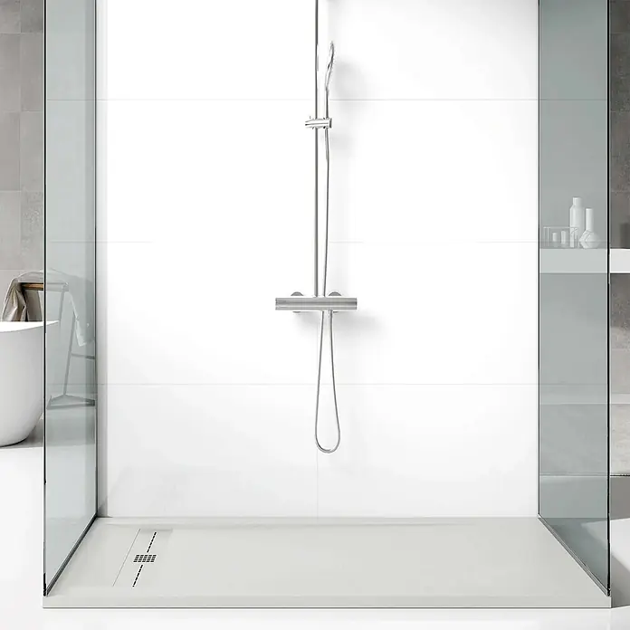 Poalgi Duschwanne Gneis - L x B: 100 x 80 cm, Verbundwerkstoff, Blanco - Moderne begehbare Dusche mit weißer Duschwanne und Chrom-Brauseset.