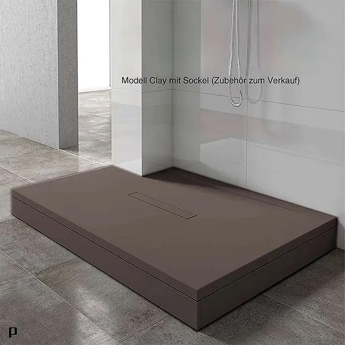 Poalgi Duschwanne Clay - L x B: 120 x 90 cm, Verbundwerkstoff, Braun - Modell Clay Duschwanne mit Sockel und linearem Ablauf in moderner Dusche.