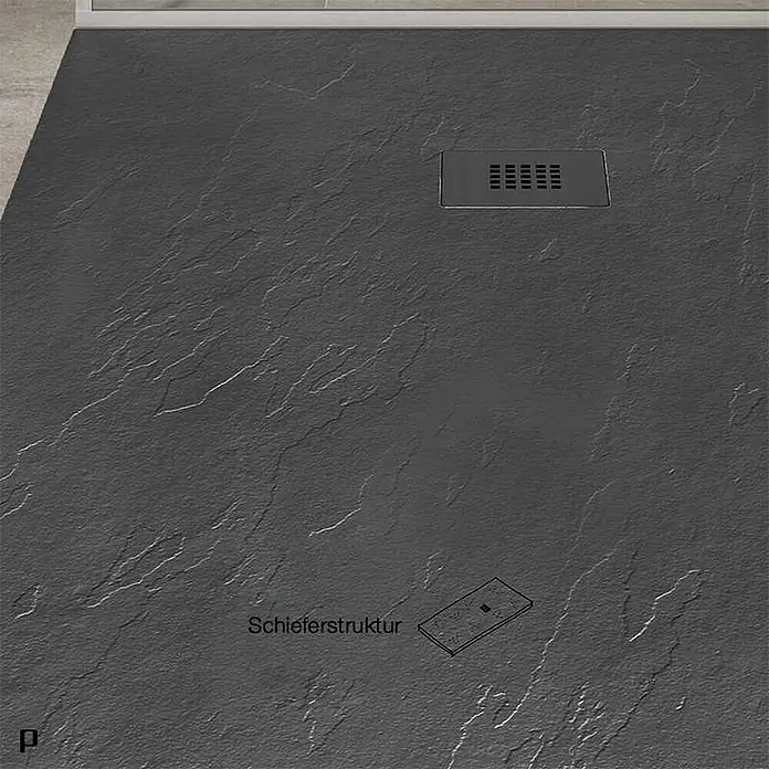 Poalgi Duschwanne Hos's - L x B: 120 x 90 cm, Verbundwerkstoff, Schwarz - Dunkelgraue Duschwanne in Schieferstruktur mit rechteckigem Ablauf.