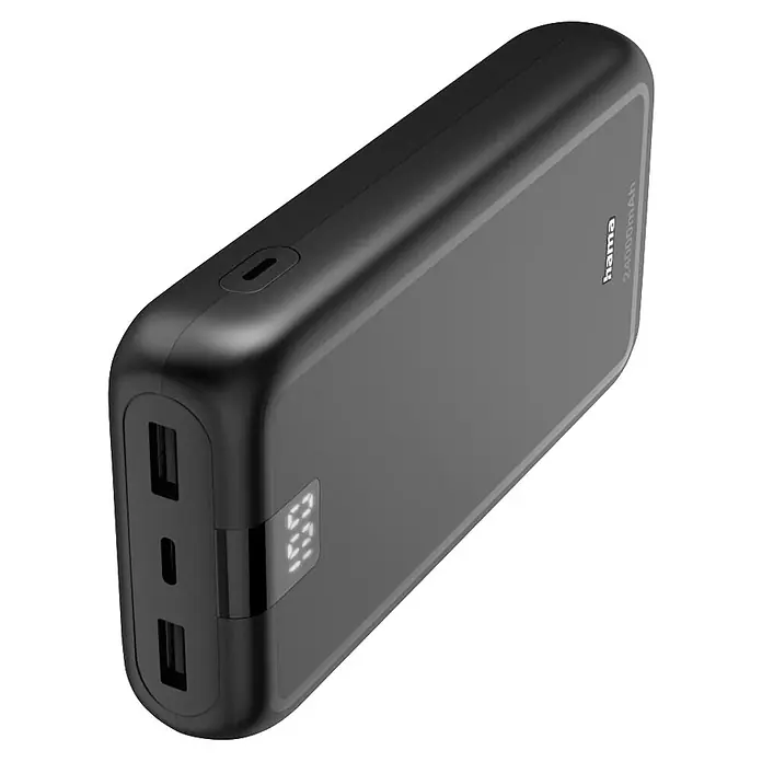 Hama Powerbank 24000 mAh Fast Charge LiPo Anthrazit - Schwarz - Schwarze Powerbank mit USB-Anschlüssen und digitaler Anzeige des Ladezustands.