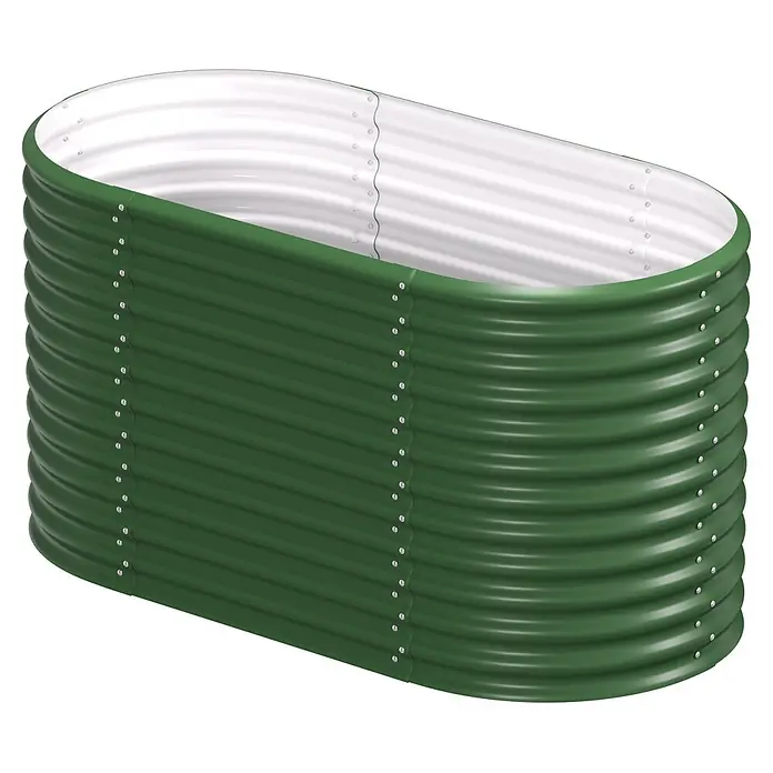 Vitavia Hochbeet Terra 858 - 162 x 82 x 85,8 cm, Zincalume®, Seegras - Grünes ovales Hochbeet aus Wellblech mit weißer Innenseite.