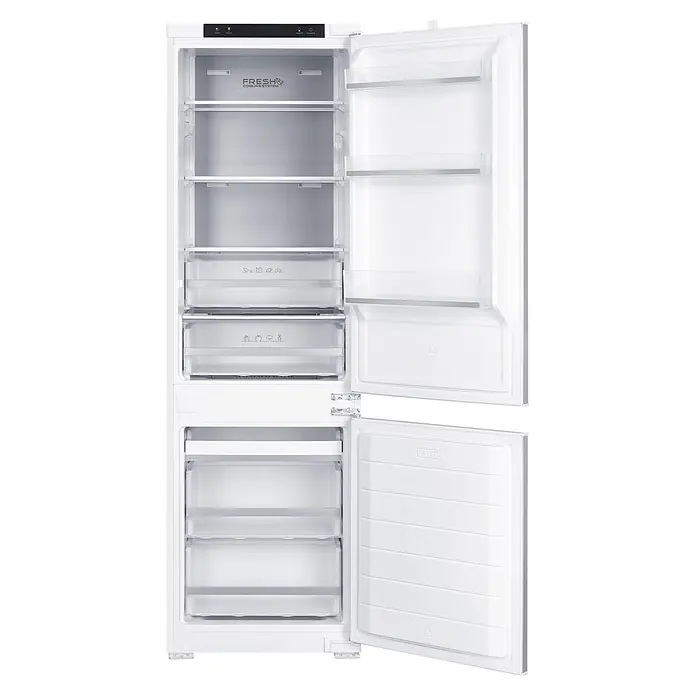 Wolkenstein Kühl-Gefrierkombination WKG255ENFEB - Nutzinhalt Gesamt: 253 l, 54 x 54 x 178,6 cm, Weiß - Offener weißer Kühl-Gefrier-Kombination mit mehreren transparenten Ablagen, Schubladen und "Fresh Cooling System" Panel.
