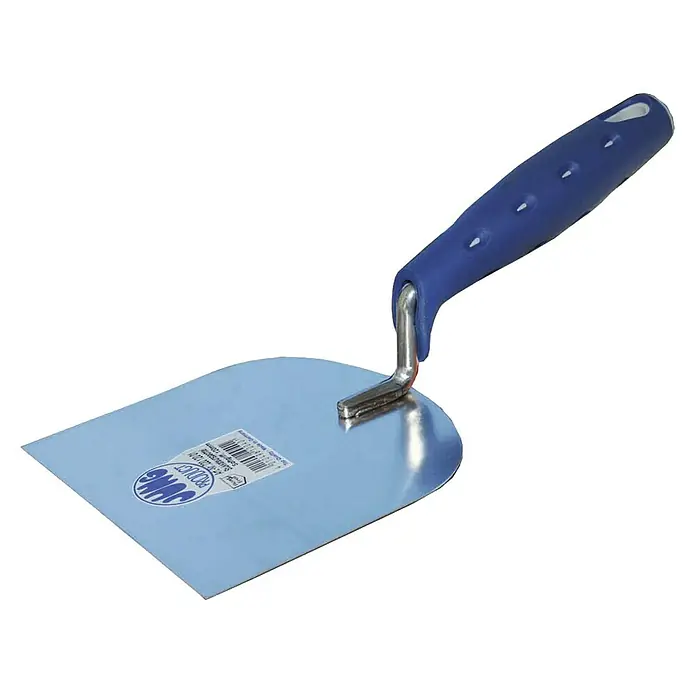 Jung Product Stukkateurspachtel - 120 mm, Qualitätsstahl rostfrei - Nahaufnahme einer JUNG Putzkelle mit blauem Griff, ein Werkzeug zum Auftragen von Putz oder Mörtel.