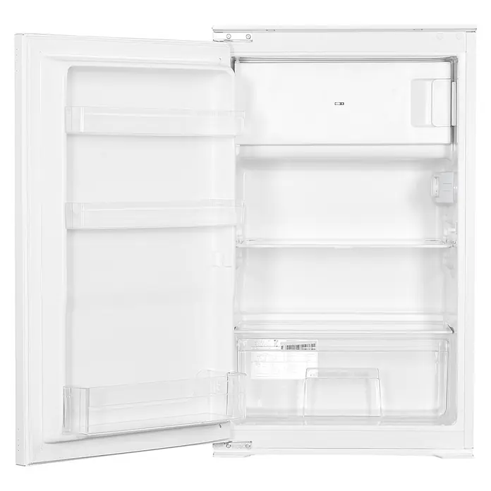 PKM Kühl-Gefrierkombination KS120.4EEB - Nutzinhalt Gesamt: 118 l, 54 x 54 x 89 cm, Weiß - Offener weißer Kühlschrank mit leerem Innenraum und transparenten Ablagen und Türfächern.