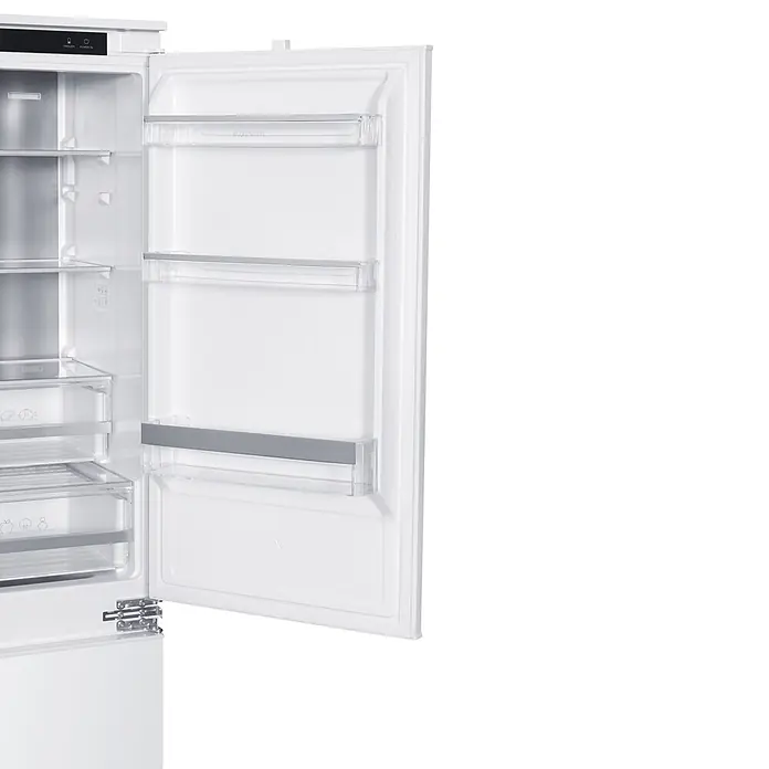 Wolkenstein Kühl-Gefrierkombination WKG255ENFEB - Nutzinhalt Gesamt: 253 l, 54 x 54 x 178,6 cm, Weiß - Offener weißer Kühlschrank mit Innenregalen und Türfächern, der sein funktionales Design zeigt.