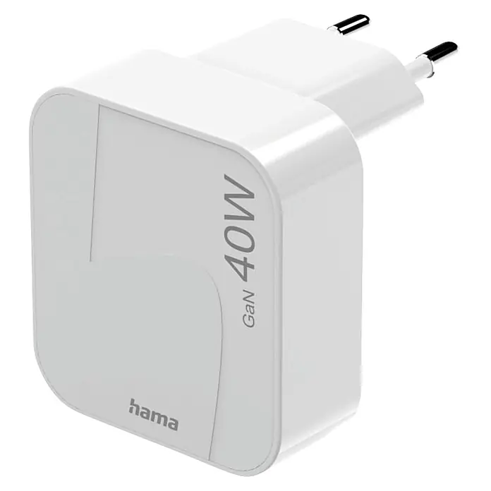 Hama Schnellladegerät 00201955 GaN 2x USB-C faltbares Mini-Ladegerät PD 40 W - Weiß - Weißes GaN 40W USB-Ladegerät mit Eurostecker.