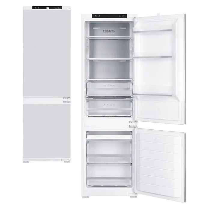 Wolkenstein Kühl-Gefrierkombination WKG255ENFEB - Nutzinhalt Gesamt: 253 l, 54 x 54 x 178,6 cm, Weiß - Weiße Einbau-Kühl-Gefrierkombination mit geöffneten Türen, die Regale und Schubladen in Kühl- und Gefrierfächern zeigt.