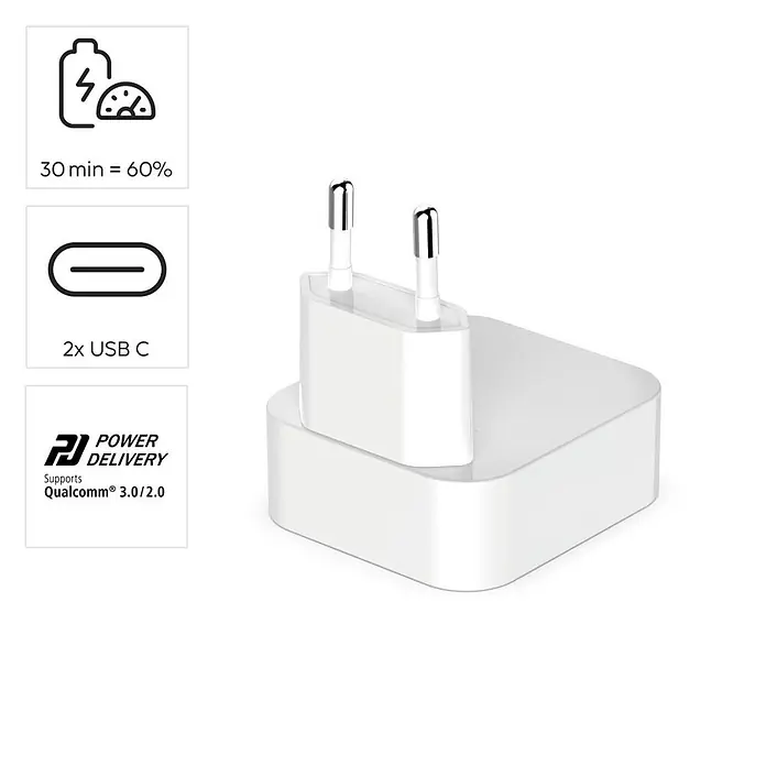 Hama Schnellladegerät 00201955 GaN 2x USB-C faltbares Mini-Ladegerät PD 40 W - Weiß - Weißes Netzteil mit zwei USB-C-Anschlüssen, unterstützt Schnellladen (30 min = 60%), Power Delivery und Qualcomm Quick Charge 3.0/2.0.