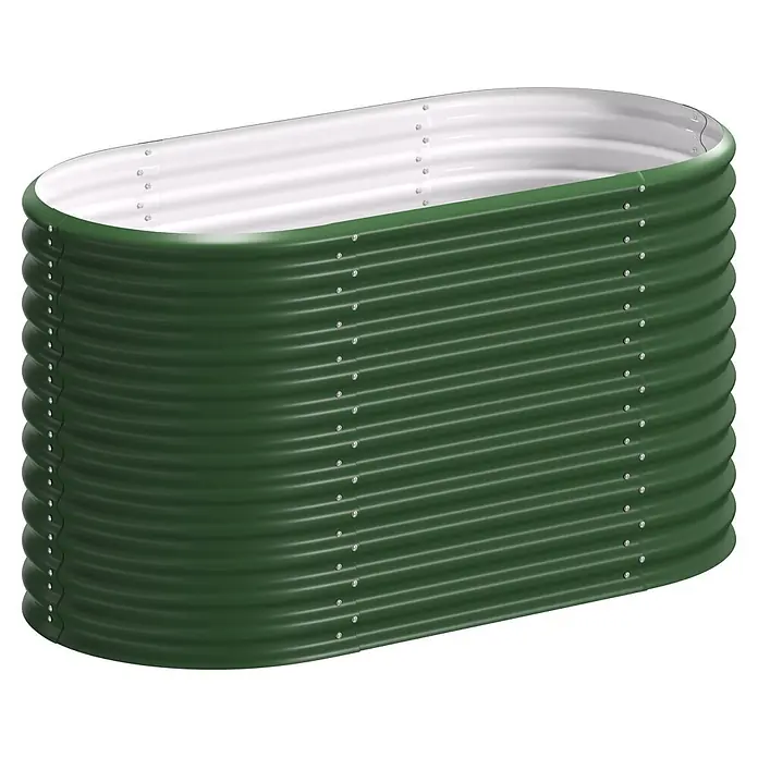 Vitavia Hochbeet Terra 858 - 162 x 82 x 85,8 cm, Zincalume®, Seegras - Ovales, grünes Hochbeet aus Wellblech mit weißer Innenseite.