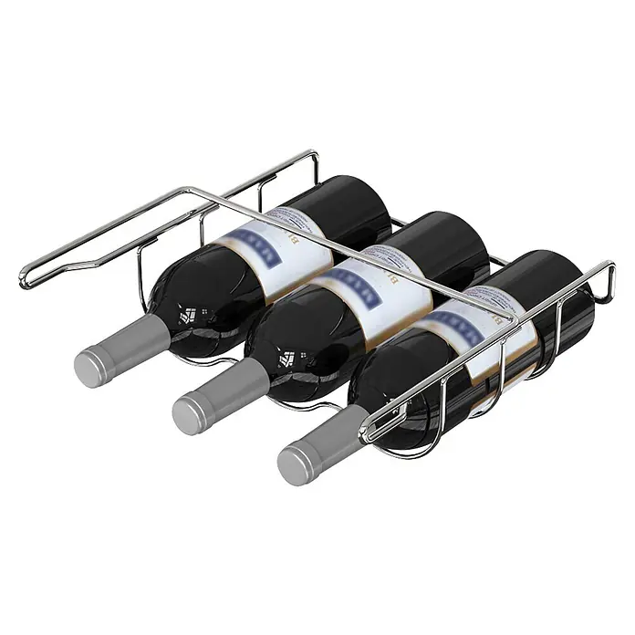PKM Flaschenregal FR3-313 - Passend für: 3 Flaschen - Verchromtes Metall-Weinregal mit drei dunklen Weinflaschen.