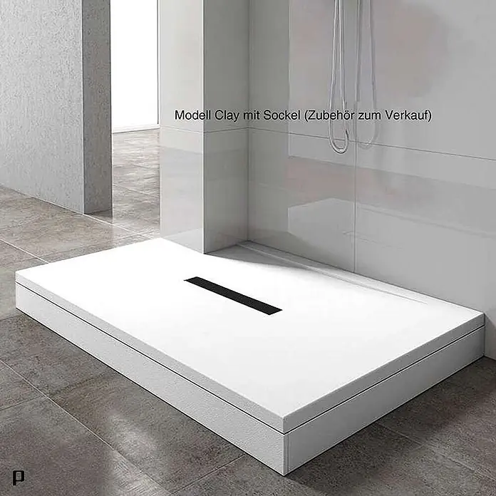 Poalgi Duschwanne Clay - L x B: 120 x 70 cm, Verbundwerkstoff, Blanco - Weißes Duschbecken Modell Clay mit Sockel und schwarzem Linienablauf, in einer Dusche installiert.