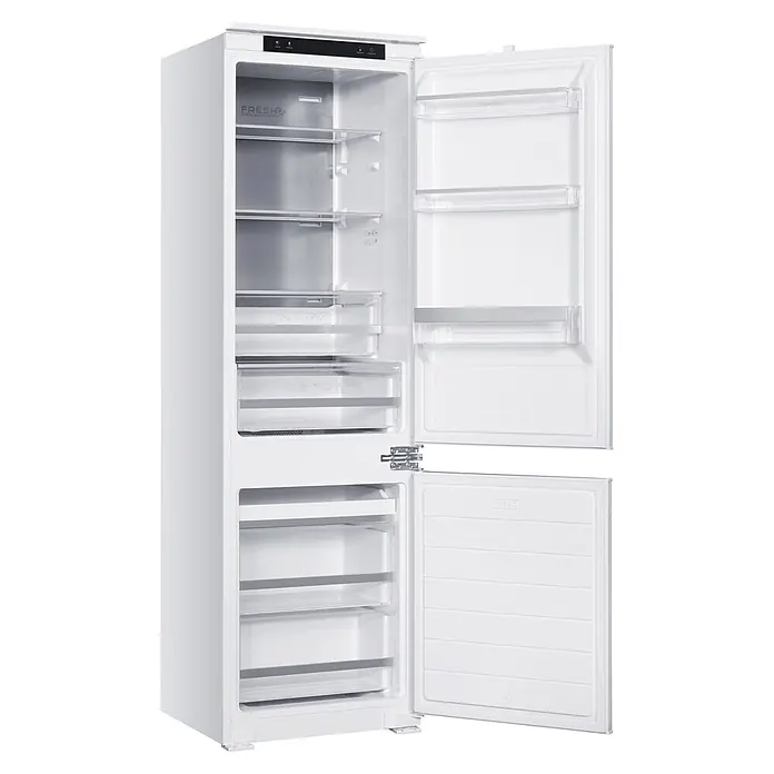 Wolkenstein Kühl-Gefrierkombination WKG255ENFEB - Nutzinhalt Gesamt: 253 l, 54 x 54 x 178,6 cm, Weiß - Weiße Kühl-Gefrier-Kombination, offen, mit leeren Fächern und Schubladen.