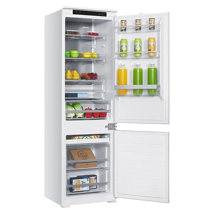 Wolkenstein Kühl-Gefrierkombination WKG255ENFEB - Nutzinhalt Gesamt: 253 l, 54 x 54 x 178,6 cm, Weiß - Weißer Einbau-Kühlschrank mit Gefrierfach, beide Türen offen, zeigt frische und gefrorene Lebensmittel.