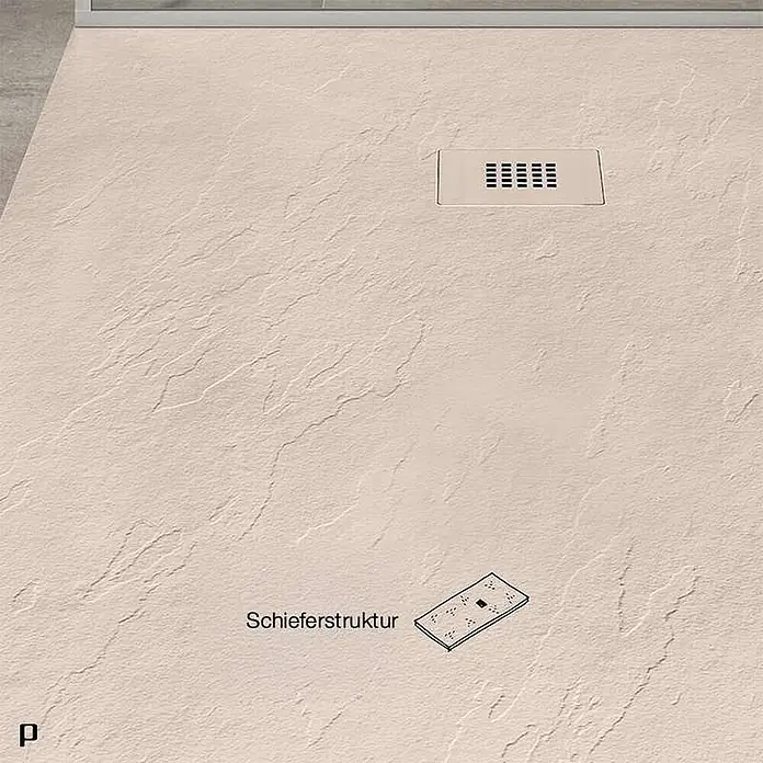Poalgi Duschwanne Hos's - L x B: 200 x 80 cm, Verbundwerkstoff, Perla - Beige Duschwanne mit Schieferstruktur und rechteckigem Ablauf.