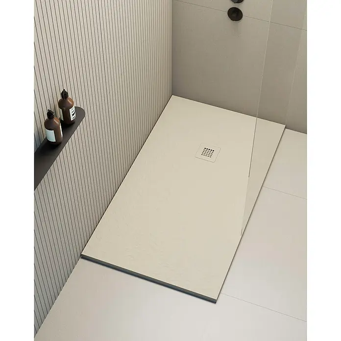 Poalgi Duschwanne Hos's - L x B: 200 x 80 cm, Verbundwerkstoff, Perla - Rechteckige hellbeige Duschwanne mit strukturierter Oberfläche und quadratischem Abfluss in moderner Dusche.