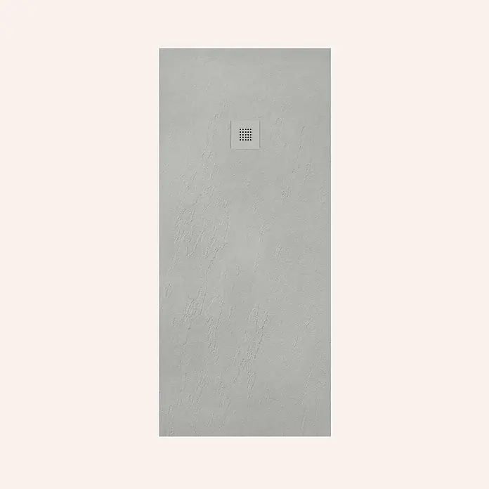 Poalgi Duschwanne Hos's - L x B: 160 x 75 cm, Verbundwerkstoff, Hellgrau - Graue texturierte Duschwanne mit quadratischem Abflussgitter.