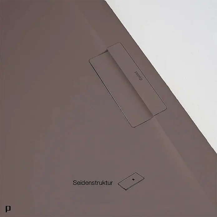 Poalgi Duschwanne Supra - L x B: 120 x 90 cm, Verbundwerkstoff, Braun - Dunkelbraunes Materialmuster mit 'poolgi'-Lasche, das eine seidenartige Struktur hervorhebt.