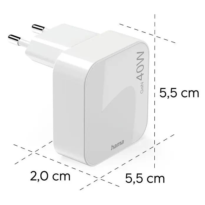 Hama Schnellladegerät 00201955 GaN 2x USB-C faltbares Mini-Ladegerät PD 40 W - Weiß - Weißes Hama GaN 40W Ladegerät, kompaktes Design, Maße 5,5x5,5x2,0 cm.