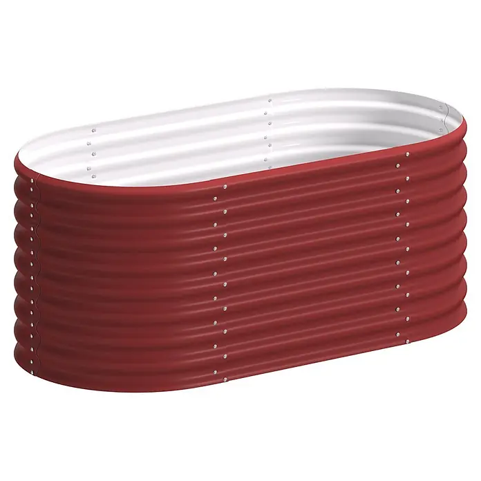 Vitavia Hochbeet Terra 630 - 162 x 82 x 63 cm, Zincalume®, Rubin - Ovales, rotes Hochbeet aus Wellblech mit silberner Innenseite und sichtbaren Nieten.