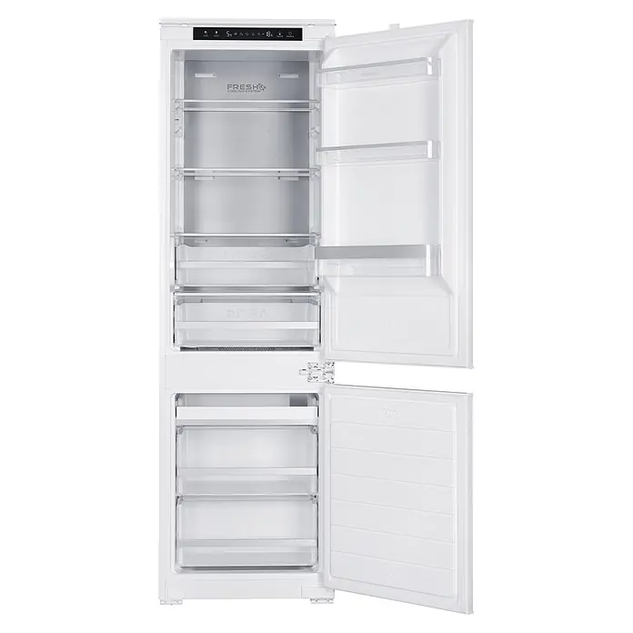 Wolkenstein Kühl-Gefrierkombination WKG255ENFEB - Nutzinhalt Gesamt: 253 l, 54 x 54 x 178,6 cm, Weiß - Weißer Einbau-Kühl-Gefrierschrank, Türen offen mit Innenfächern und Schubladen.