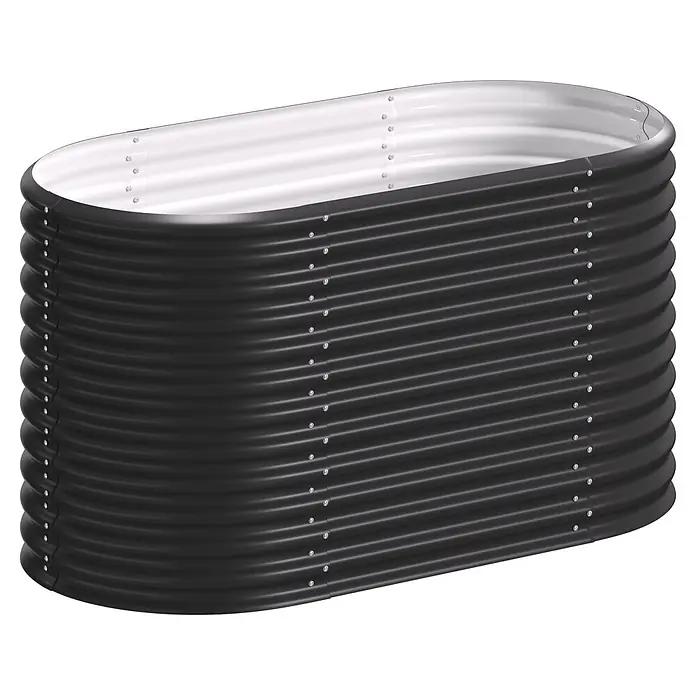 Vitavia Hochbeet Terra 858 - 162 x 82 x 85,8 cm, Zincalume®, Schwarz - Schwarzes ovales Hochbeet aus Wellblech mit weißer Innenseite.