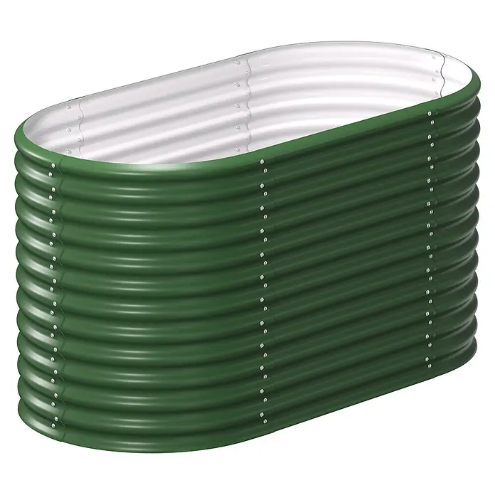 Vitavia Hochbeet Terra 858 - 162 x 82 x 85,8 cm, Zincalume®, Seegras - Grünes ovales Hochbeet aus Wellblech mit weißer Innenseite.