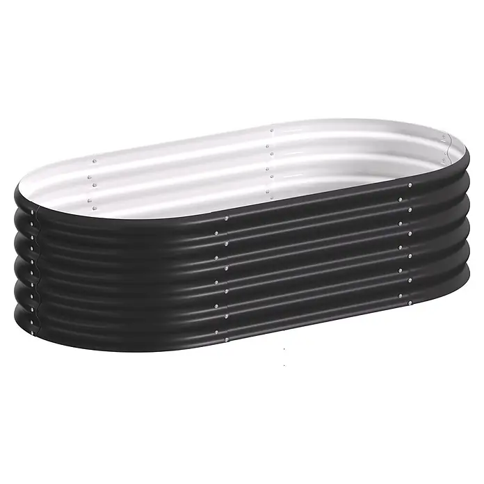 Vitavia Hochbeet Terra 401 - 162 x 82 x 40,1 cm, Zincalume®, Schwarz - Ovales schwarzes Hochbeet aus Wellblech mit silberner Innenseite und sichtbaren Schrauben.
