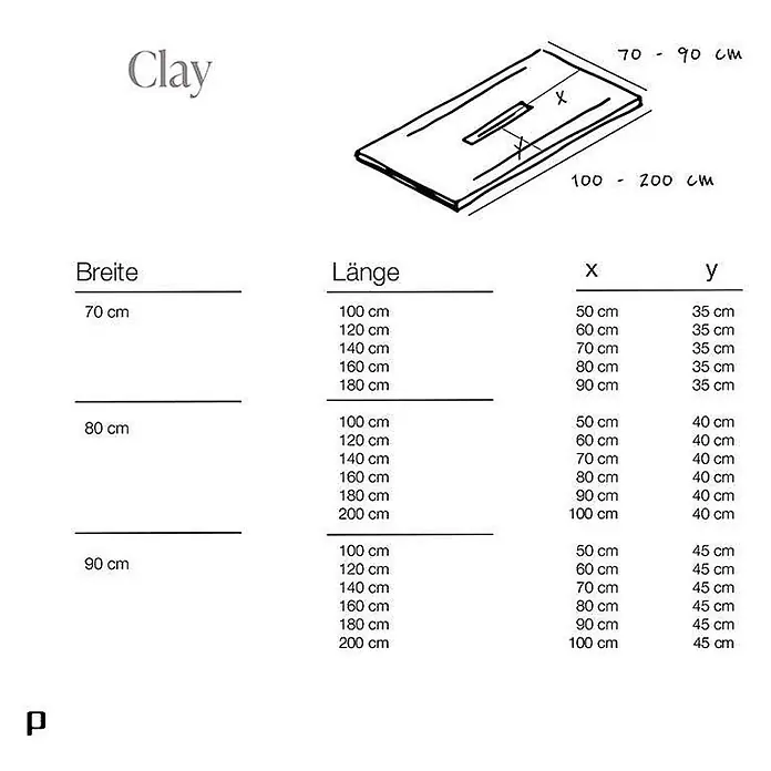 Poalgi Duschwanne Clay - L x B: 100 x 70 cm, Verbundwerkstoff, Concret - Technischer Plan und Maßtabelle für eine Clay Duschwanne, mit Breite, Länge und Abflussmaßen (X, Y).