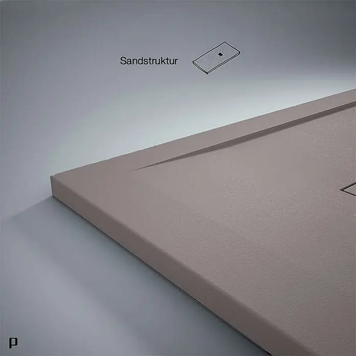 Poalgi Duschwanne Clay - L x B: 120 x 90 cm, Verbundwerkstoff, Grau - Graue Duschwanne mit Sandstruktur-Oberfläche und integrierter Ablaufabdeckung.