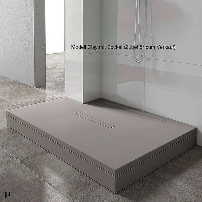 Poalgi Duschwanne Clay - L x B: 120 x 90 cm, Verbundwerkstoff, Grau - Rechteckige graue Duschwanne mit Linienablauf, auf einem niedrigen Sockel in moderner Dusche.