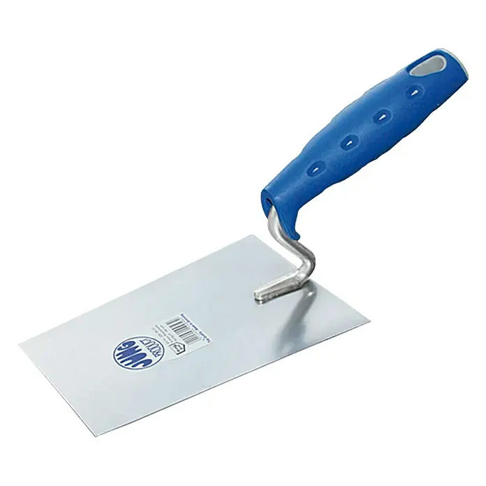 Jung Product Maurerkelle - 180 mm, Qualitätsstahl rostfrei - Nahaufnahme einer Maurerkelle mit blauem Griff und silberner Klinge.