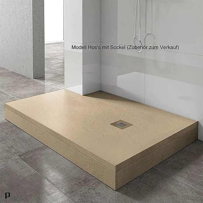 Poalgi Duschwanne Hos's - L x B: 110 x 80 cm, Verbundwerkstoff, Beige - Sandfarbene Duschwanne mit strukturierter Oberfläche und Ablauf, auf passendem Sockel in einem modernen Bad.