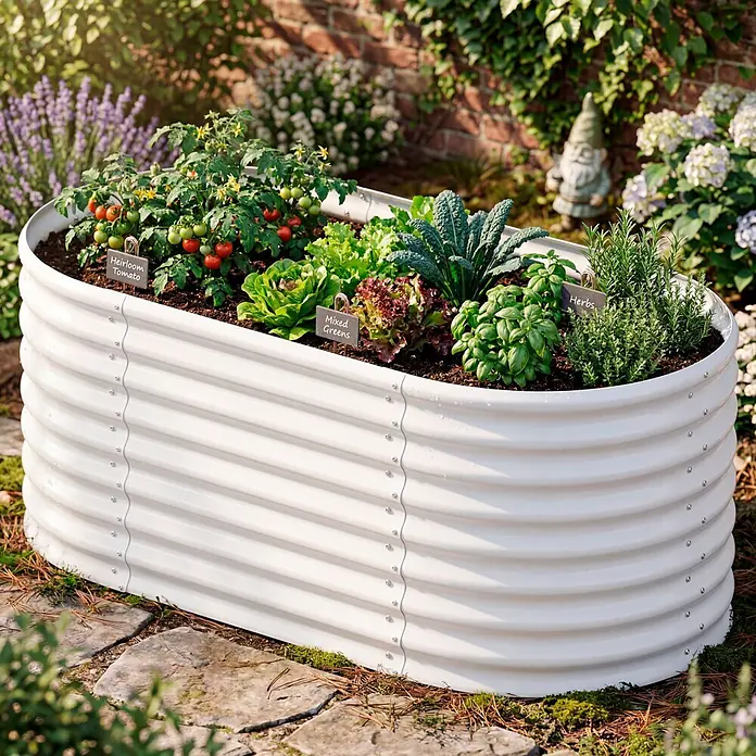 Vitavia Hochbeet Terra 630 - 162 x 82 x 63 cm, Zincalume®, Blank - Weißes, geriffeltes Hochbeet aus Metall, bepflanzt mit Gemüse und Kräutern im Garten.