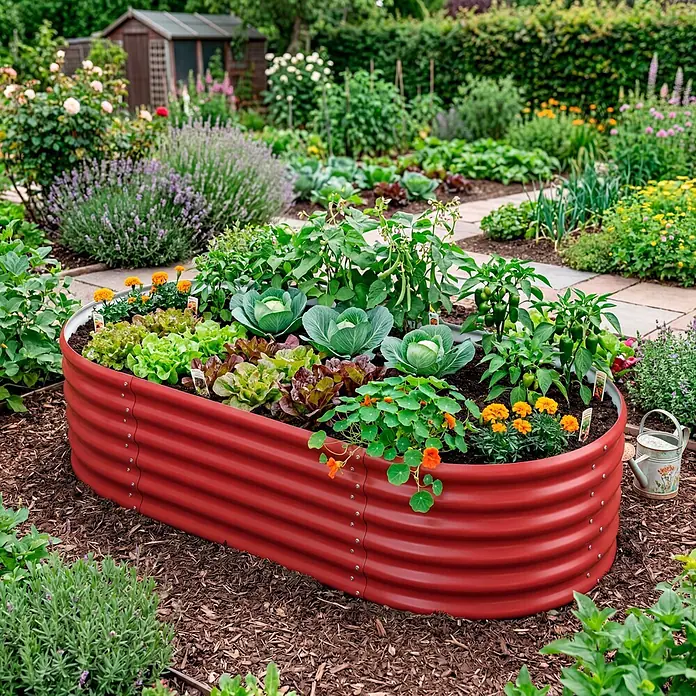 Vitavia Hochbeet Terra 401 - 162 x 82 x 40,1 cm, Zincalume®, Rubin - Ein großes, rotes Hochbeet aus Wellblech, gefüllt mit Gemüse und Blumen, in einem Garten.