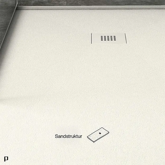 Poalgi Duschwanne Arena - L x B: 200 x 90 cm, Verbundwerkstoff, Marfil - Weiße Duschwanne mit Sandstruktur-Oberfläche und rechteckigem Ablauf.