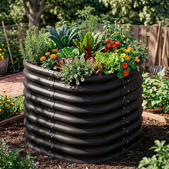 Vitavia Hochbeet Terra 858 - 82 x 82 x 85,8 cm, Zincalume®, Schwarz - Großes schwarzes Hochbeet aus Wellblech, gefüllt mit Kräutern, Gemüse und Blumen in einem Garten.