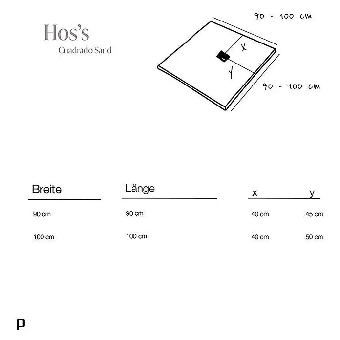 Poalgi Duschwanne Arena SQ - L x B: 100 x 100 cm, Verbundwerkstoff, Tundra - Technisches Diagramm einer Hos's Cuadrado Sand Duschwanne mit Maßen (Breite, Länge) und Ablaufposition (x, y).