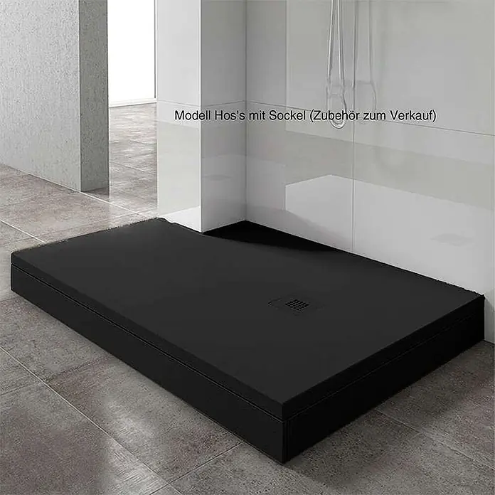 Poalgi Duschwanne Arena - L x B: 120 x 90 cm, Verbundwerkstoff, Schwarz - Schwarze, rechteckige Duschwanne mit niedrigem Profil, in einem modernen Duschbereich installiert. Mit quadratischer Ablaufrinne.
