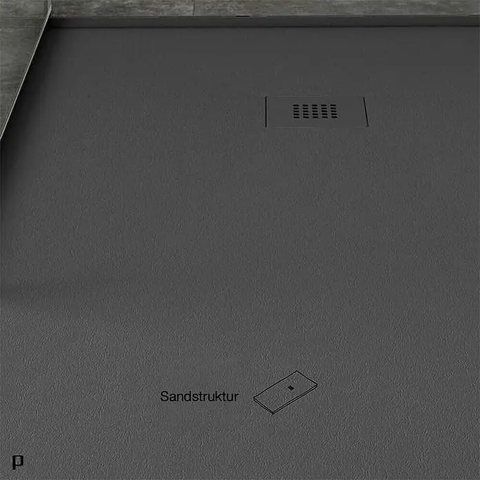 Poalgi Duschwanne Arena - L x B: 140 x 90 cm, Verbundwerkstoff, Antracita - Dunkelgraue Duschwanne mit Sandstruktur-Oberfläche und rechteckigem Linienablauf.