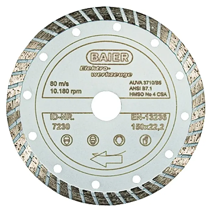 Baier Diamant-Trennscheibe Allround Turbo - Baustellenmaterialien, Arbeitsdurchmesser: 150 mm, Gesintert - BAIER Elektrowerkzeuge Trennscheibe, 150x22,2 mm, ideal zum Schneiden von Materialien in verschiedenen Anwendungen, hohe Leistung und Präzision.