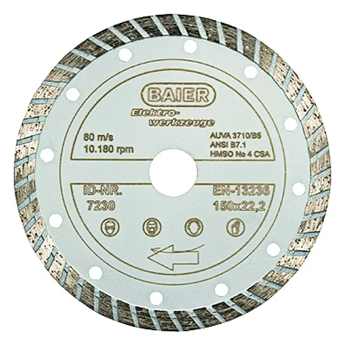 Baier Diamant-Trennscheibe Allround Turbo - Baustellenmaterialien, Arbeitsdurchmesser: 150 mm, Gesintert - BAIER Elektrowerkzeuge Trennscheibe, 150x22,2 mm, ideal zum Schneiden von Materialien in verschiedenen Anwendungen, hohe Leistung und Präzision.