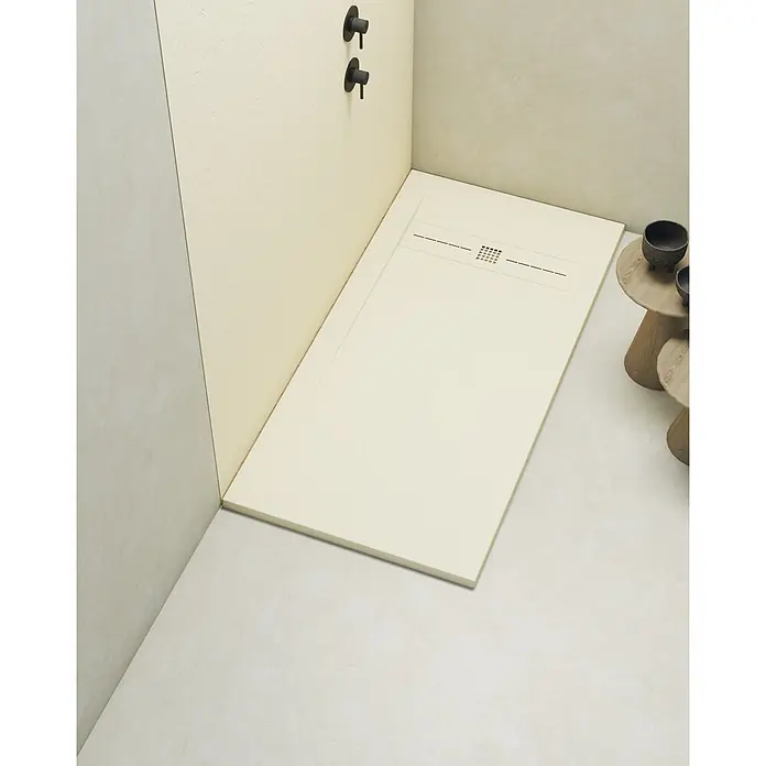 Poalgi Duschwanne Gneis - L x B: 140 x 90 cm, Verbundwerkstoff, Marfil - Texturierte hellbeige Duschwanne mit Ablaufrinne in moderner Duschkabine.