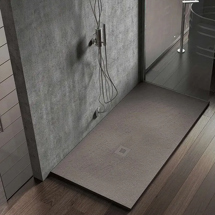 Poalgi Duschwanne Hos's - L x B: 120 x 90 cm, Verbundwerkstoff, Braun - Rechteckige, dunkelgraue, strukturierte Duschtasse mit integriertem quadratischem Ablauf für eine moderne Dusche.