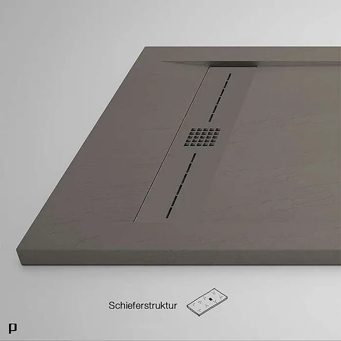 Poalgi Duschwanne Gneis - L x B: 120 x 90 cm, Verbundwerkstoff, Braun - Anthrazitfarbene Duschwanne mit moderner Schieferstruktur und integriertem Linienablauf mit quadratischem Gitter.