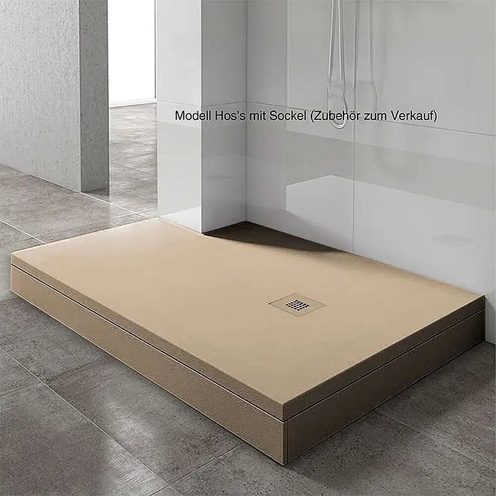 Poalgi Duschwanne Arena - L x B: 130 x 70 cm, Verbundwerkstoff, Albero - Beige/sandfarbene rechteckige Duschwanne mit erhöhtem Sockel und quadratischem Abflussrost.