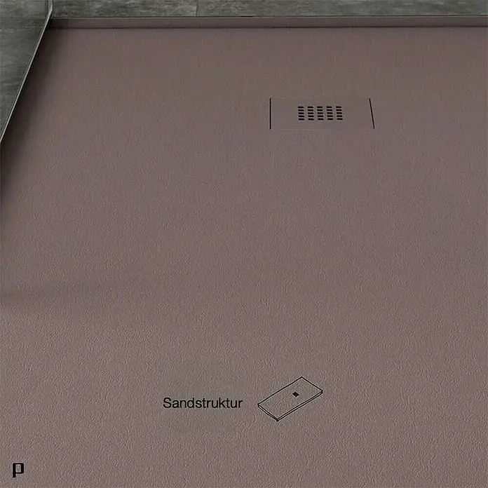 Poalgi Duschwanne Arena SQ - L x B: 100 x 100 cm, Verbundwerkstoff, Braun - Warmgraue Duschwanne mit Sandstruktur und integriertem rechteckigem Ablauf.