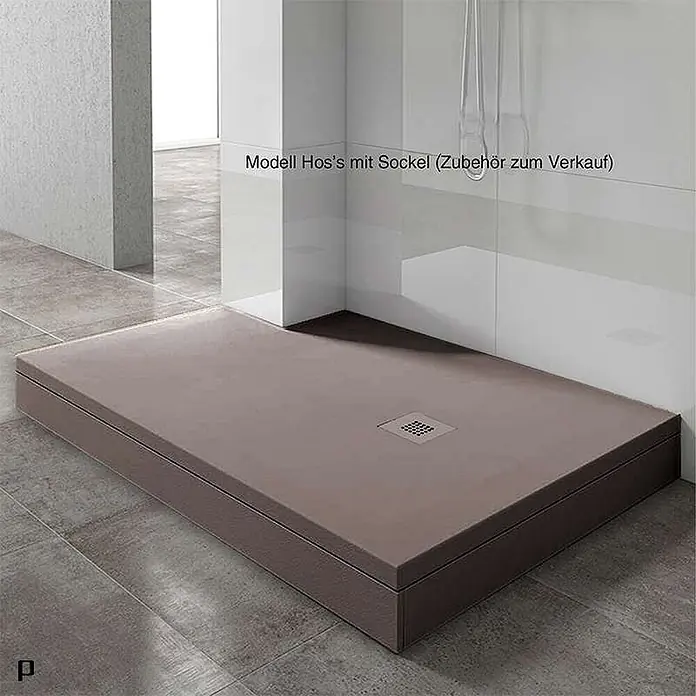 Poalgi Duschwanne Arena - L x B: 120 x 80 cm, Verbundwerkstoff, Braun - Braune rechteckige Duschwanne mit quadratischem Abfluss, erhöht im modernen Duschbereich.