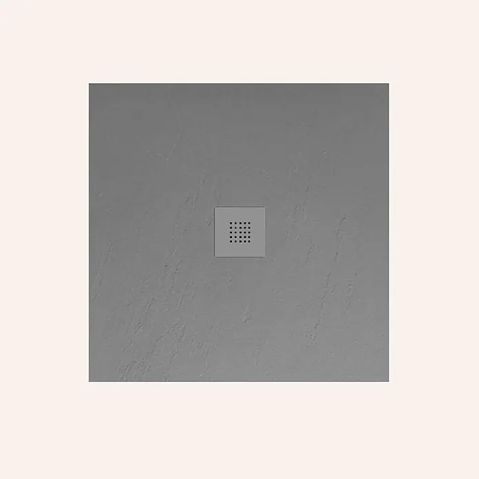 Poalgi Duschwanne Hos's SQ - L x B: 100 x 100 cm, Verbundwerkstoff, Concret - Dunkelgraue, texturierte Duschwanne mit quadratischem, perforiertem Mittelablauf.