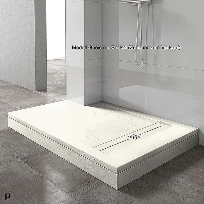 Poalgi Duschwanne Gneis - L x B: 100 x 70 cm, Verbundwerkstoff, Blanco - Weiße Duschwanne mit Gneis-Textur, erhöhtem Sockel und linearem Ablauf in einem modernen Bad.