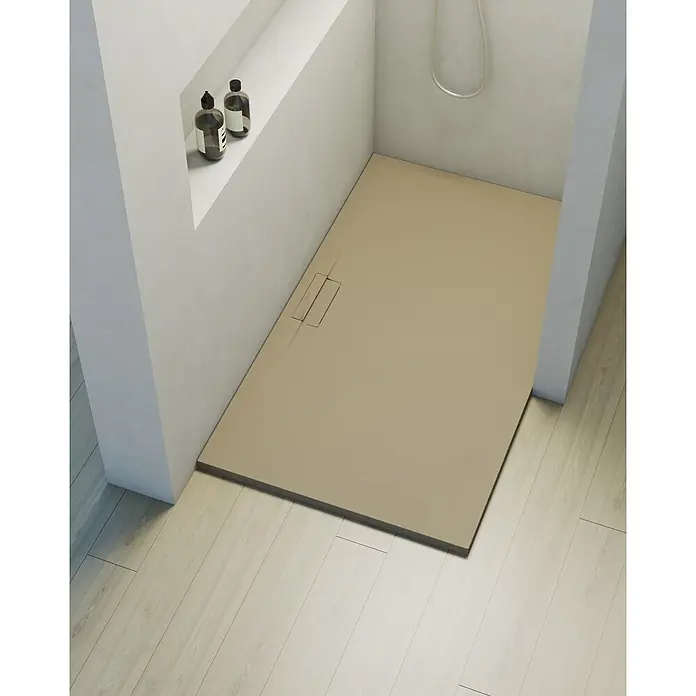 Poalgi Duschwanne Shile - L x B: 120 x 90 cm, Verbundwerkstoff, Beige - Beige begehbare Duschwanne mit linearem Ablauf, bündig in hellen Holzoptikboden eines minimalistischen Bades integriert.